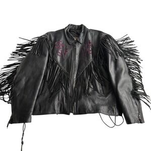 Hudson Leather VTG 80s Pink Rose‎ Cutout Applique Fringe Black Biker Jacket 4XL